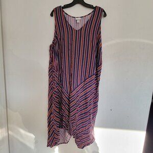 Ava & Viv Navy Burgundy Stripe VNeck Sleeveless Asymmetric Hem Midi Sun Dress 1X